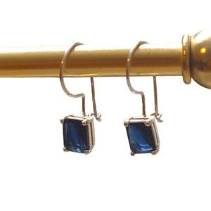 Sterling Silver Navy Blue Lab Grown Diamond Earrings Emerald Cut Everyday Dangle